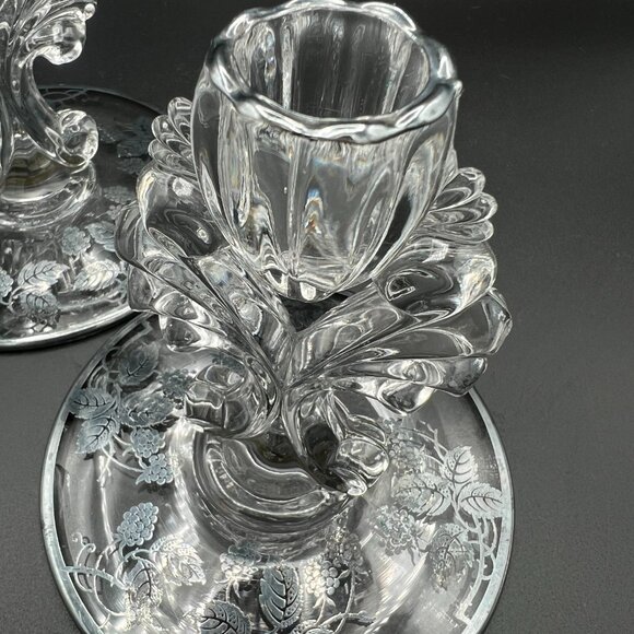 Vtg 1950s New Martinsville Glass Candle Holders Janice Pattern Silver Overlay - Picture 3 of 4